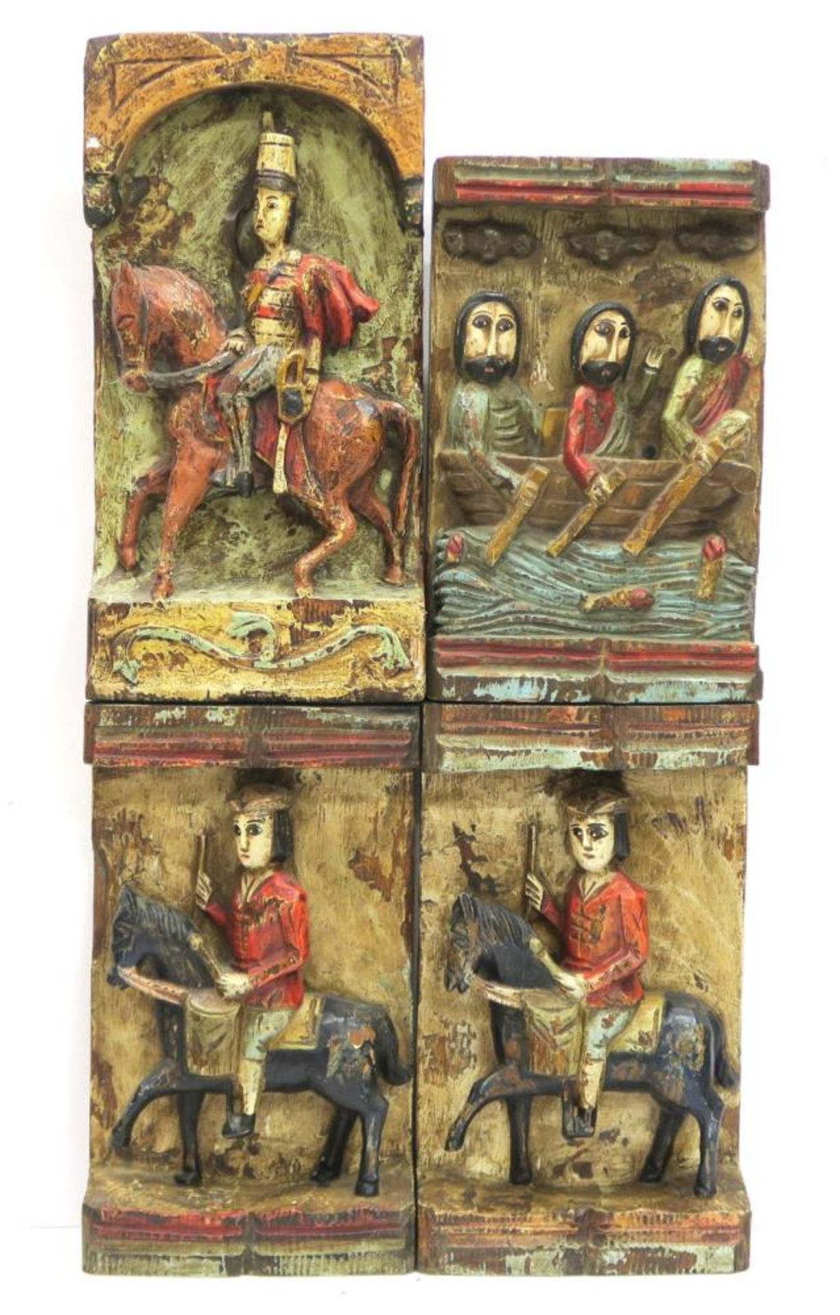 Vier Reliefs. Holz, geschnitzt, Farbfassung
