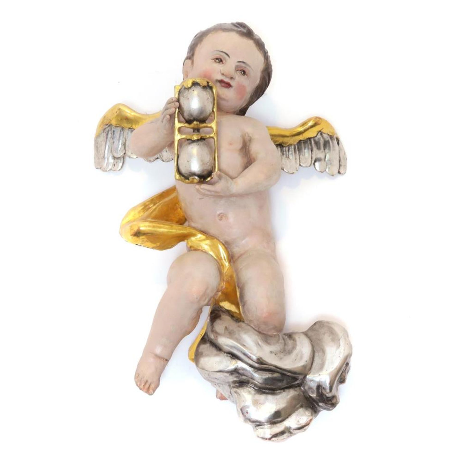 Putto mit Sanduhr. Holz, geschnitzt, Farb-, Gold- und Silberfassung