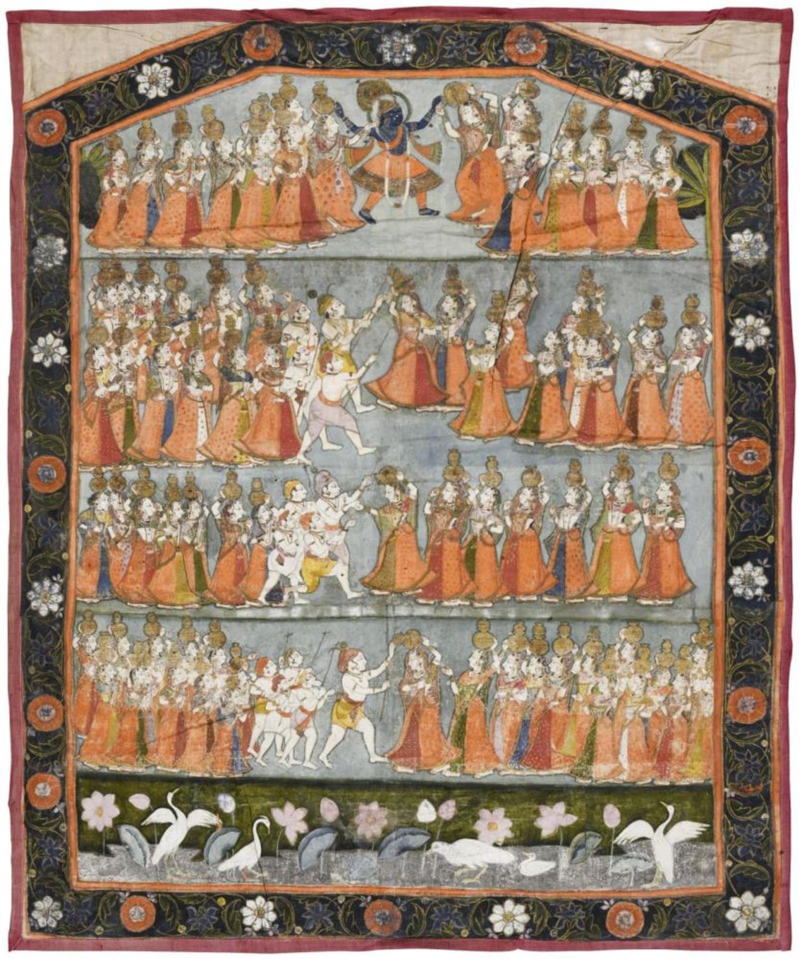 Pichhavai: Krishna und Gopis. Pigmente auf Gewebe.