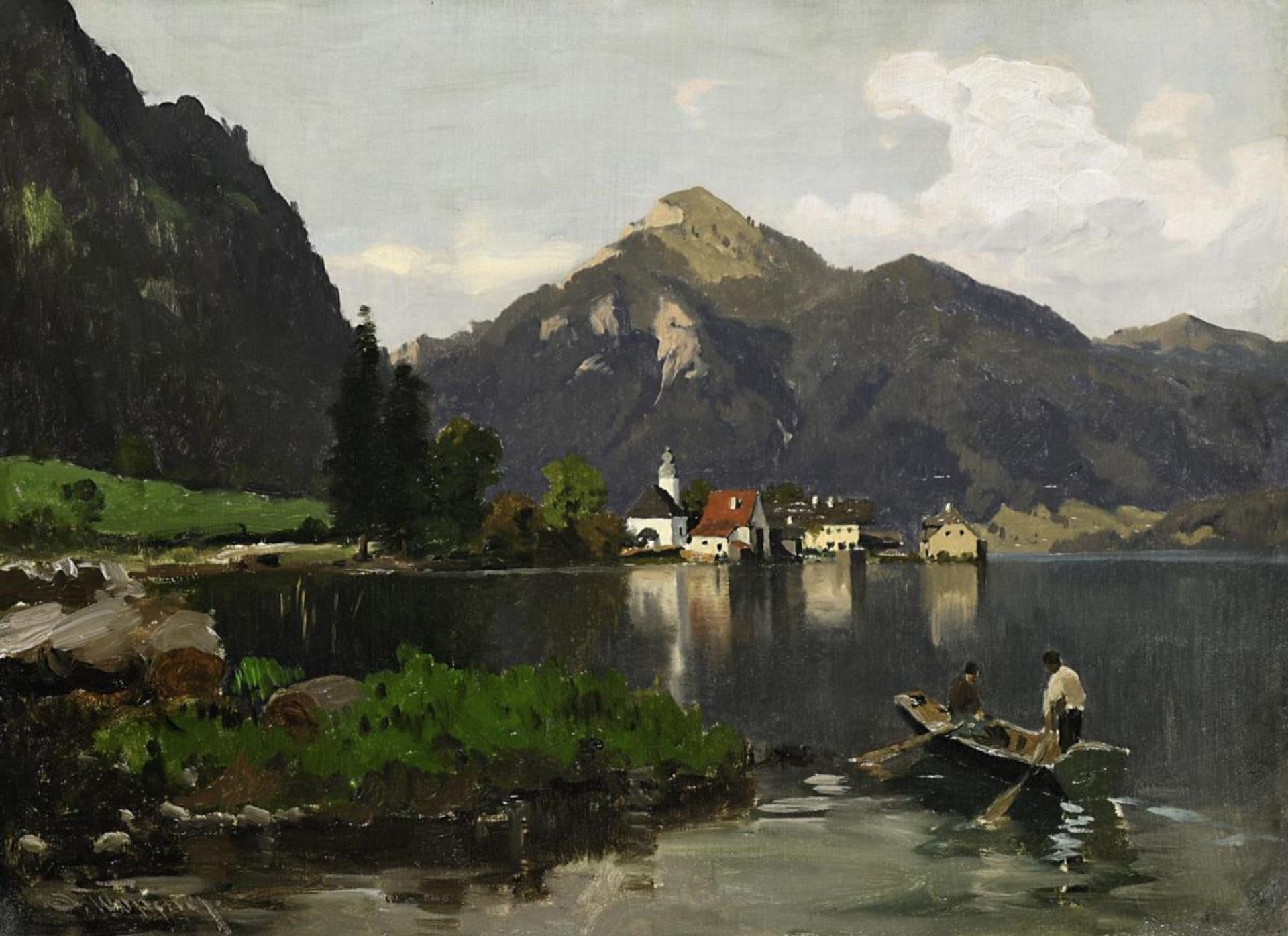 WOPFNER, JOSEPH. Fischerboot auf dem Walchensee. Öl auf Lwd. auf Karton