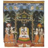 Pichhavai: Krishna-Schrein mit vier Gopis. Pigmente auf Gewebe.