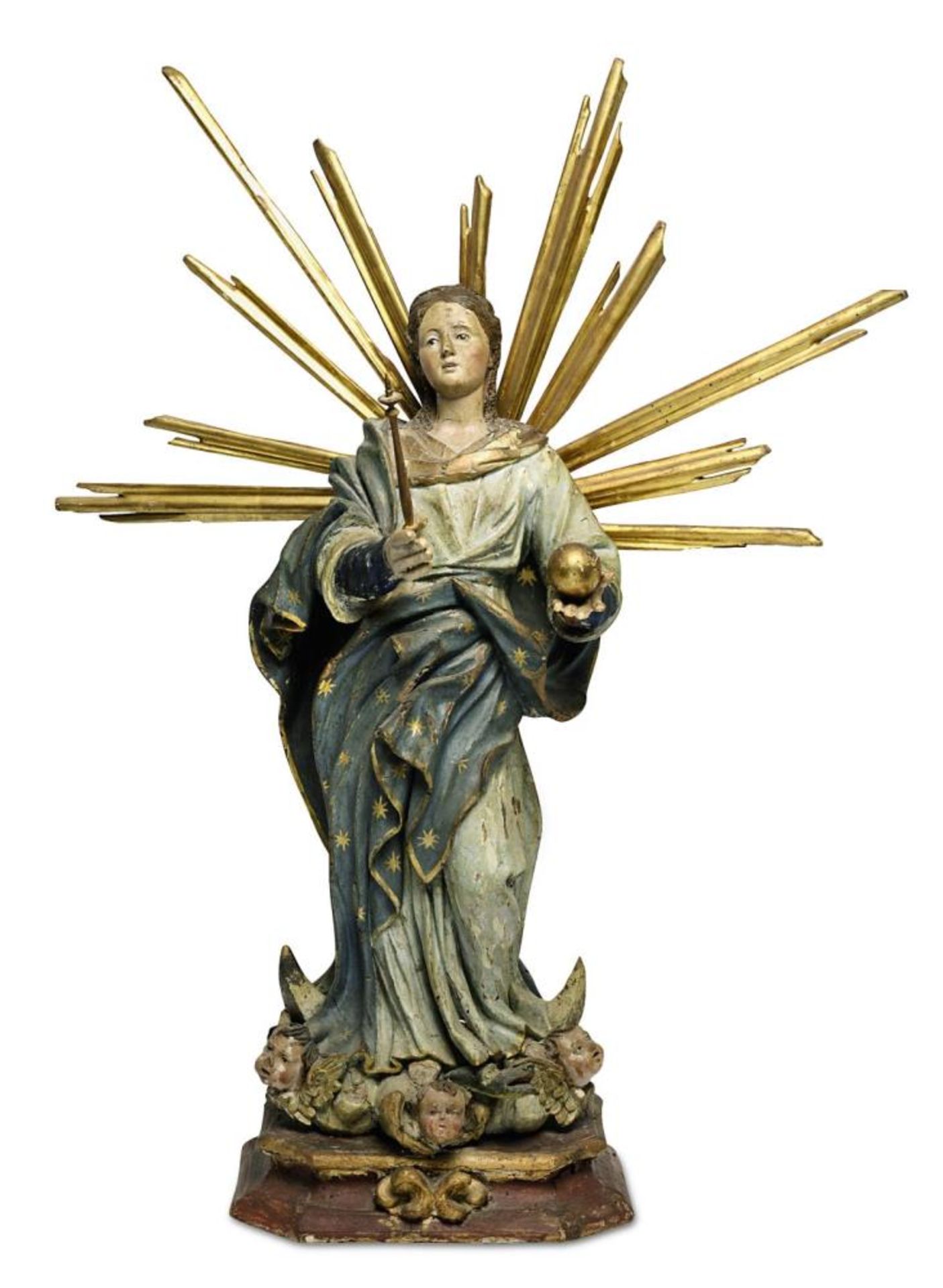 Maria Immaculata. Holz, Masse (Cartapesta?), Farbfassung, Glasaugen.