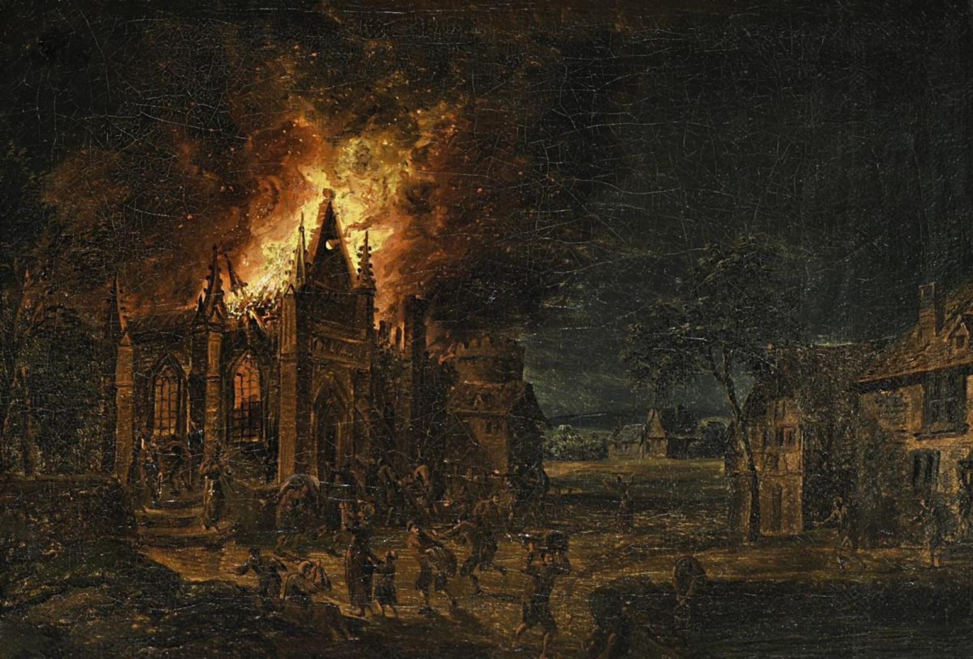 POEL, EGBERT LIEVENSZ. VAN DER (IN DER ART DES). Nächtliche Feuersbrunst. Öl auf Lwd. auf Holz.