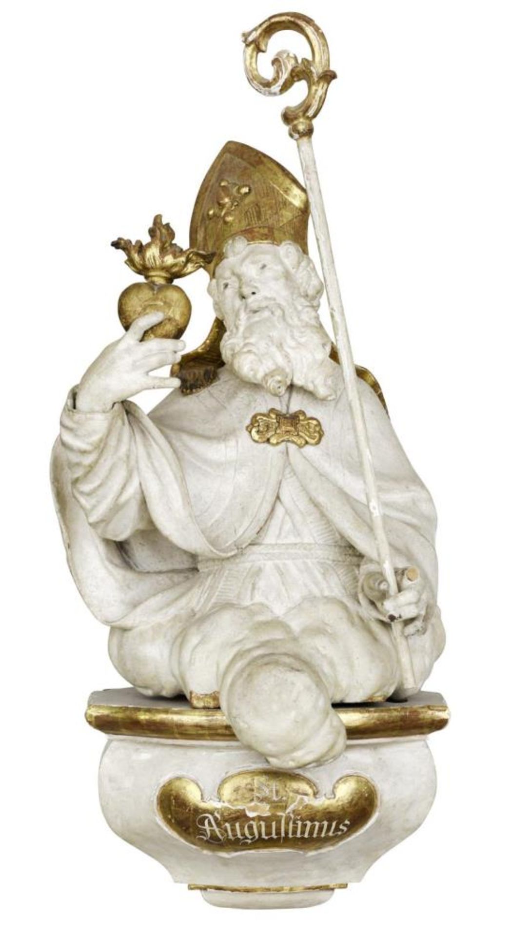 Hl. Augustinus (Halbfigur). Holz, geschnitzt, weiß und gold gefasst.