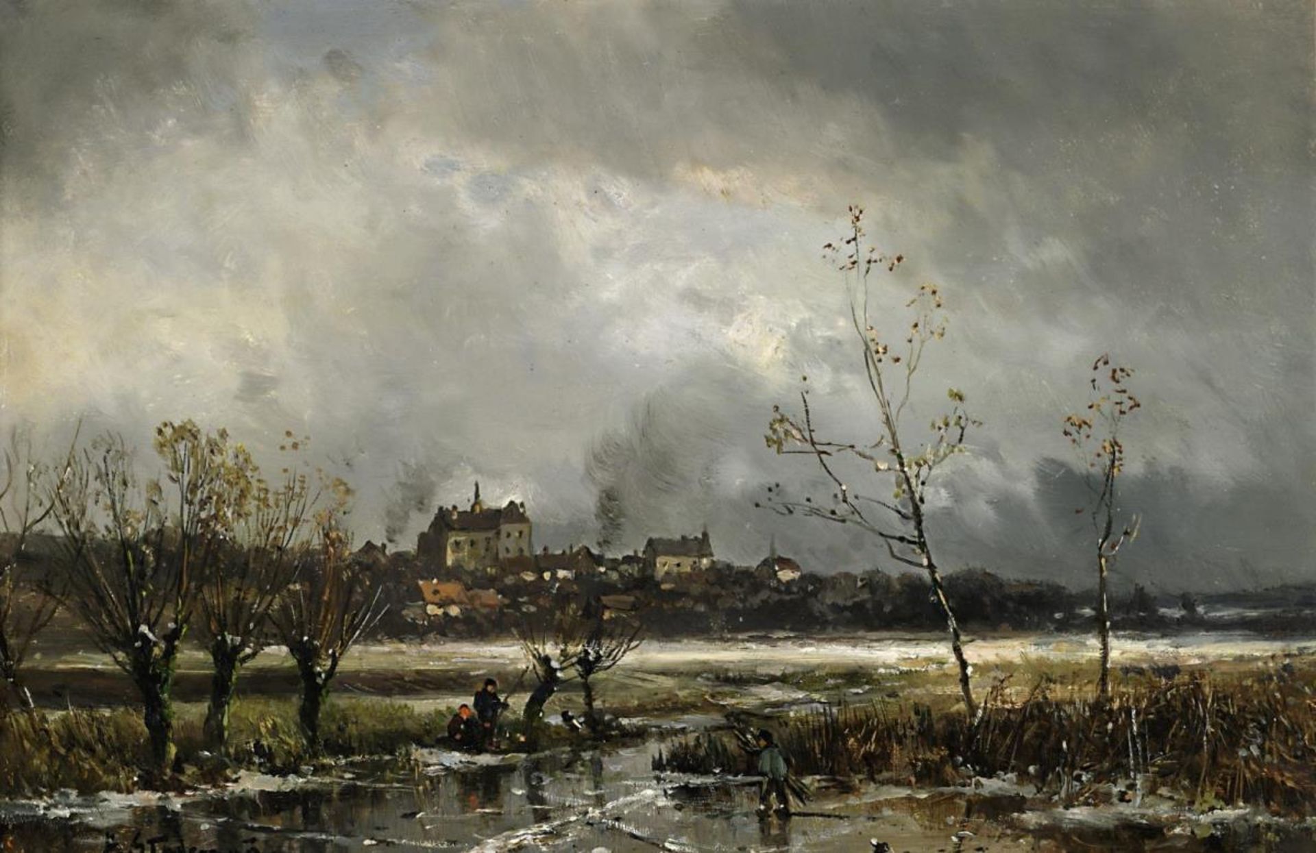 STADEMANN, ADOLF. Winterlandschaft mit Reisigsammler und Eisanglern. Öl auf Holz.