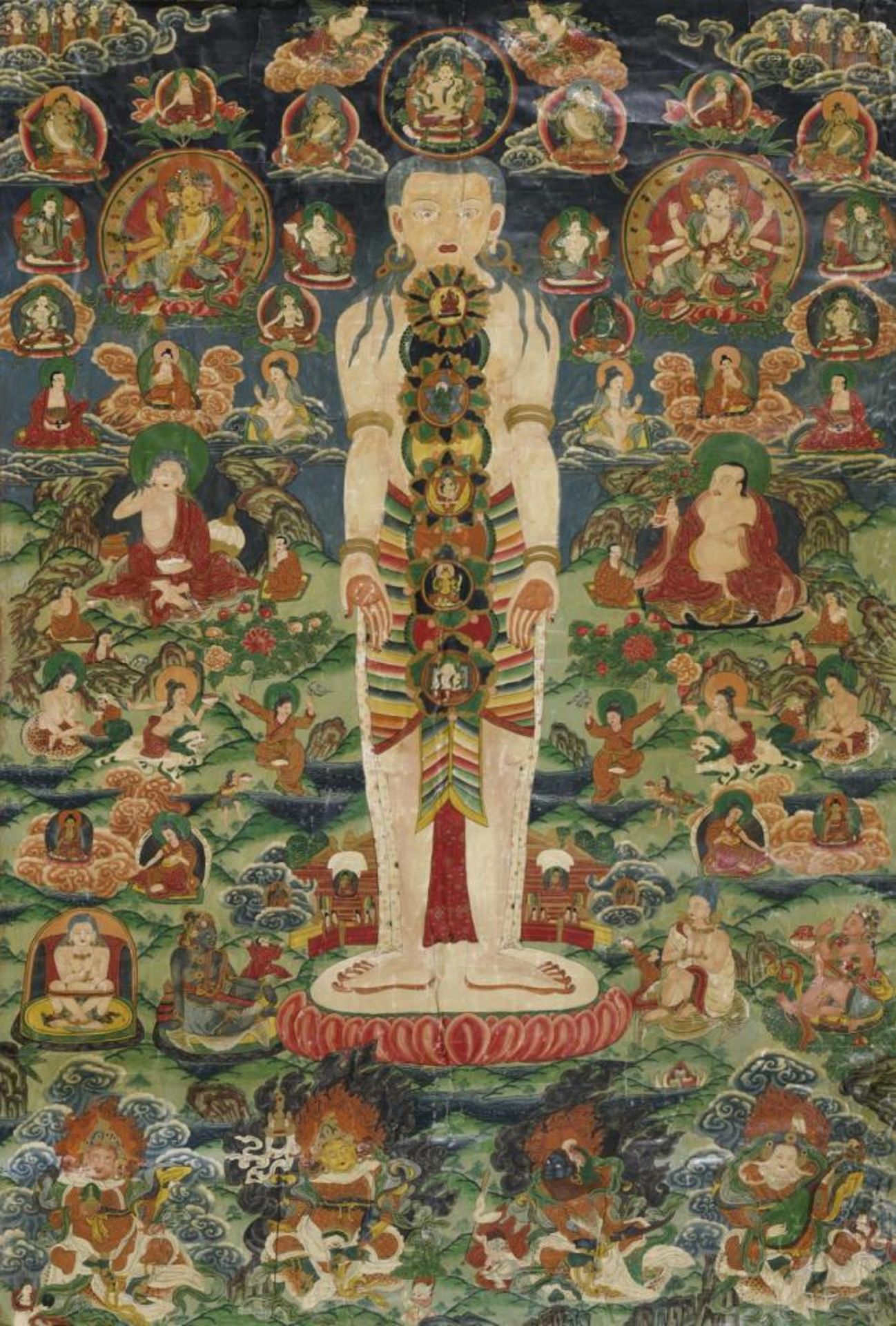 Chakradiagramm-Thangka. Pigmente auf Gewebe.