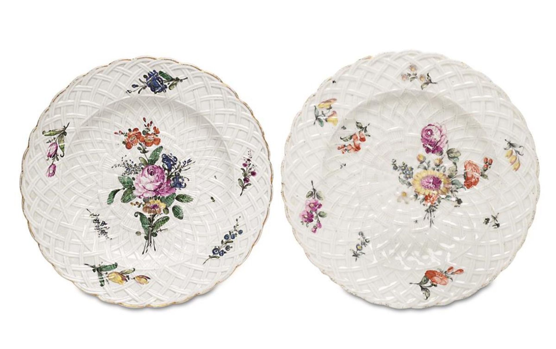 Zwei Dessertteller mit Korbrelief. Nymphenburg, um 1760-70 | Porzellan.