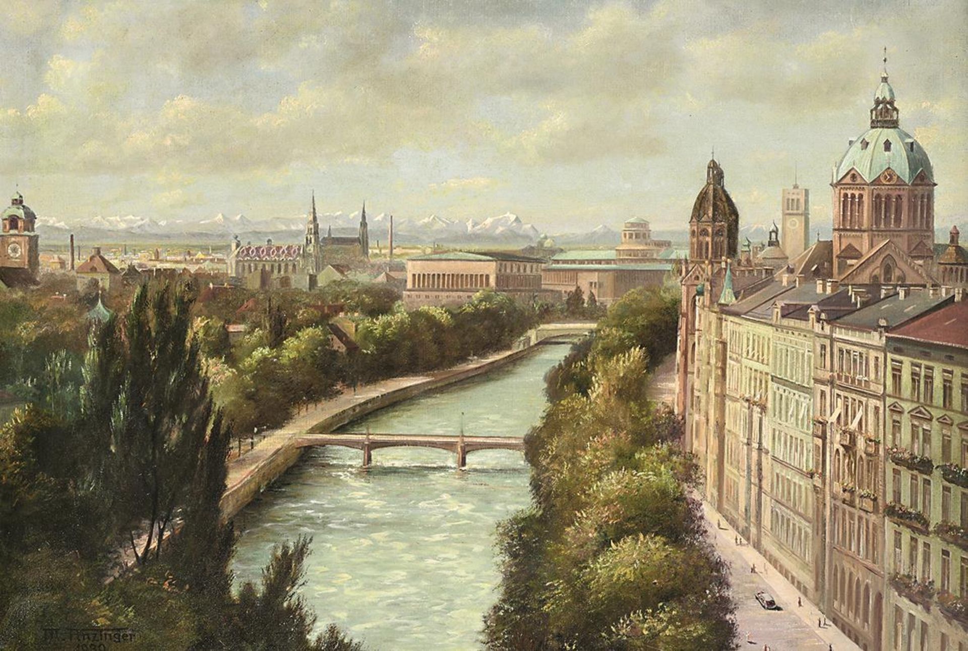 ANZINGER, MARTIN. Blick auf die Museumsinsel München. Öl auf Lwd.