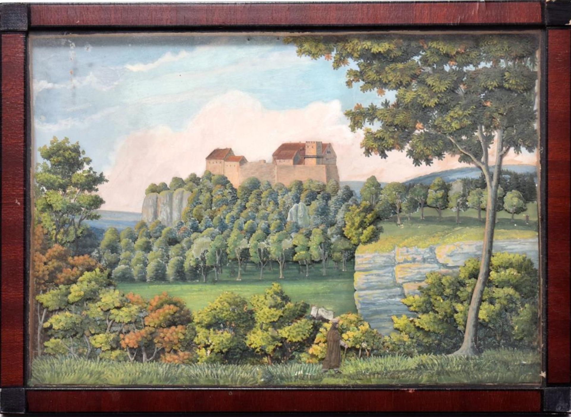 Diorama: Landschaft mit Burg. Papier, bemalt u.a.