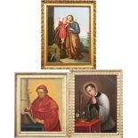 UNBEKANNT. Hl. Josef mit dem Jesuskind / Zwei Heilige. Drei Gemälde: Öl/Metall.