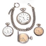 Drei Taschenuhren, eine Savonette und eine Uhrenkette. Unedles Metall und Silber, Marken (800) und g
