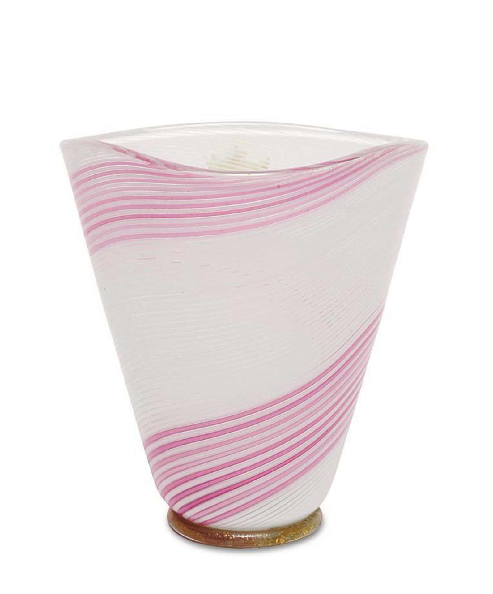 Kleine Vase. Murano, 20. Jh., Venini (?) | Farbloses Glas mit schräg aufgesetzten weißen und rosafar