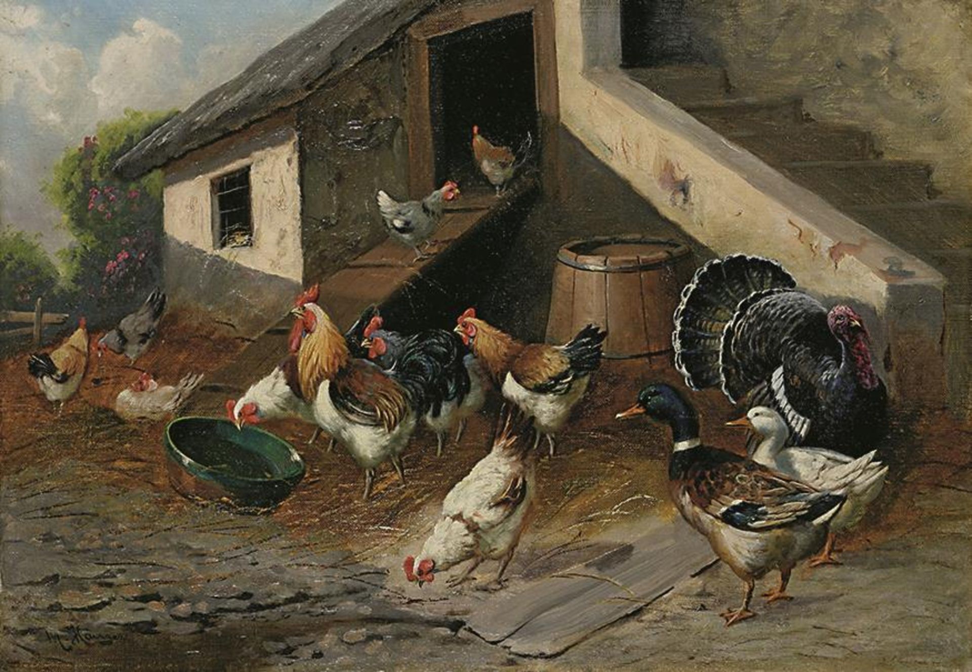 HÄNGER, MAX II (WOHL). Hühnerhof mit Enten und Truthahn. Öl auf Lwd.