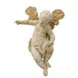 Geflügelter Putto. 18./19. Jh. | Holz, geschnitzt, weißgrau und gold gefasst.