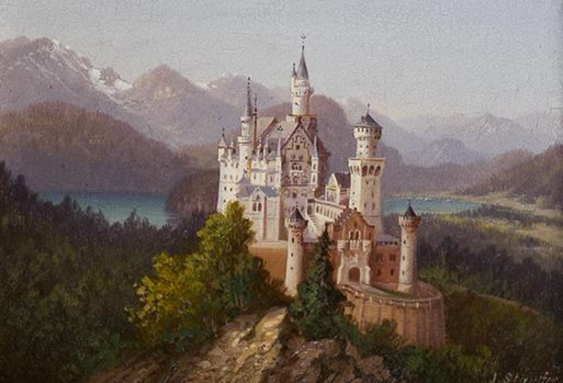 SATTLER, HUBERT (WOHL). Schloss Neuschwanstein. Öl auf Holz.