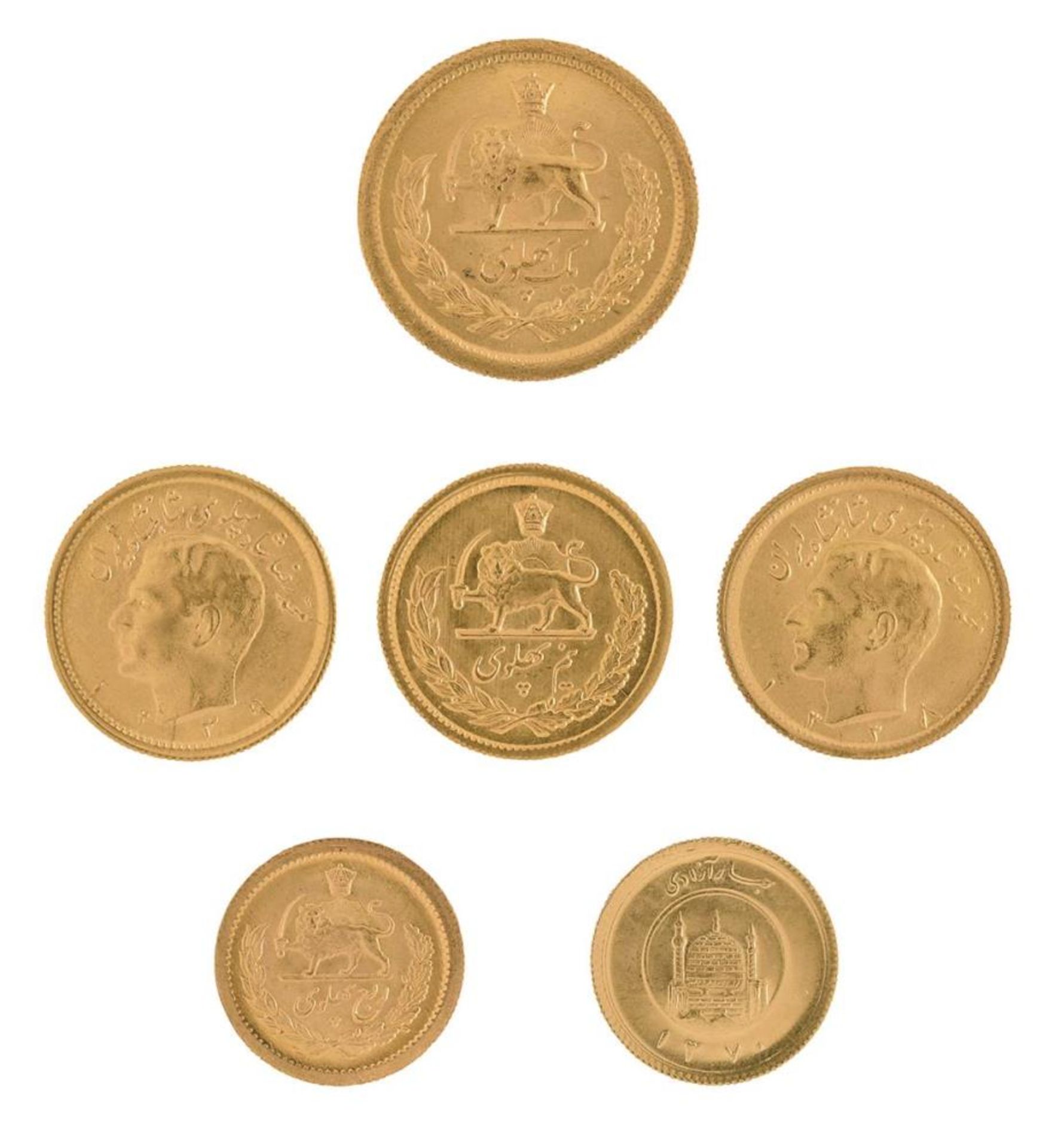 Sechs Goldmünzen. Iran | Gold 900.