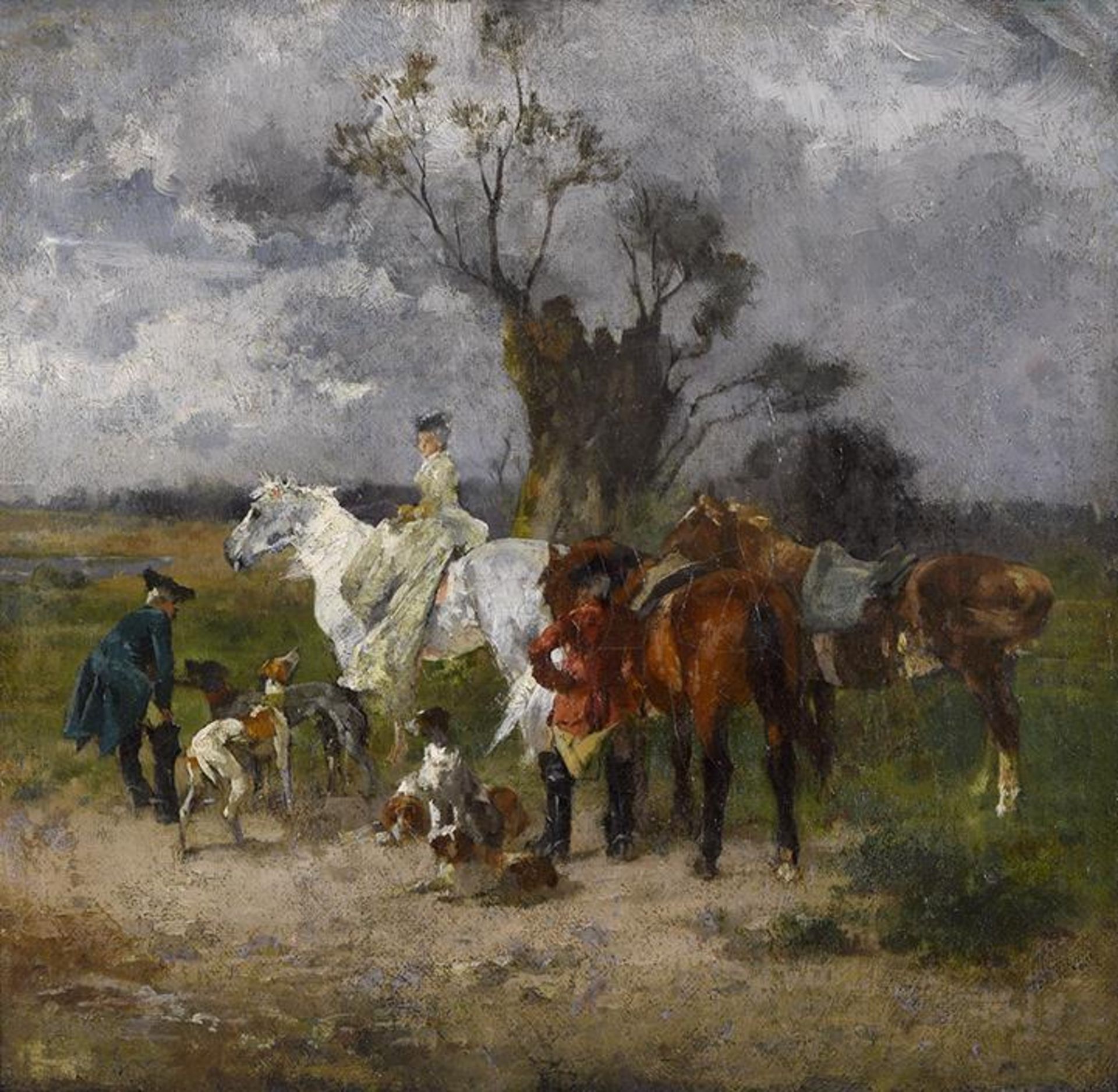 DIEZ, WILHELM VON. Rast auf der Jagd. Öl auf Lwd.