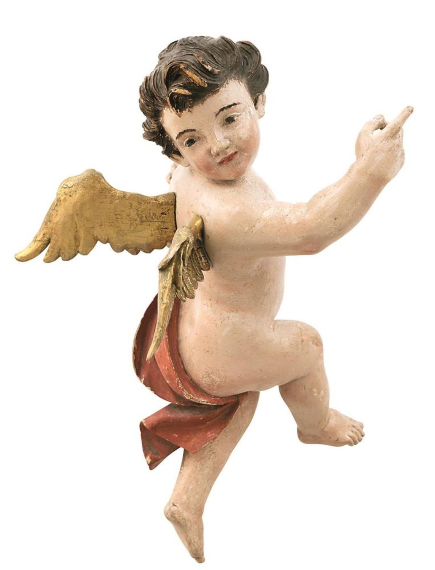 Fliegender Putto. Süddeutsch, 18. Jh. | Lindenholz, geschnitzt, Farb- und Goldfassung.