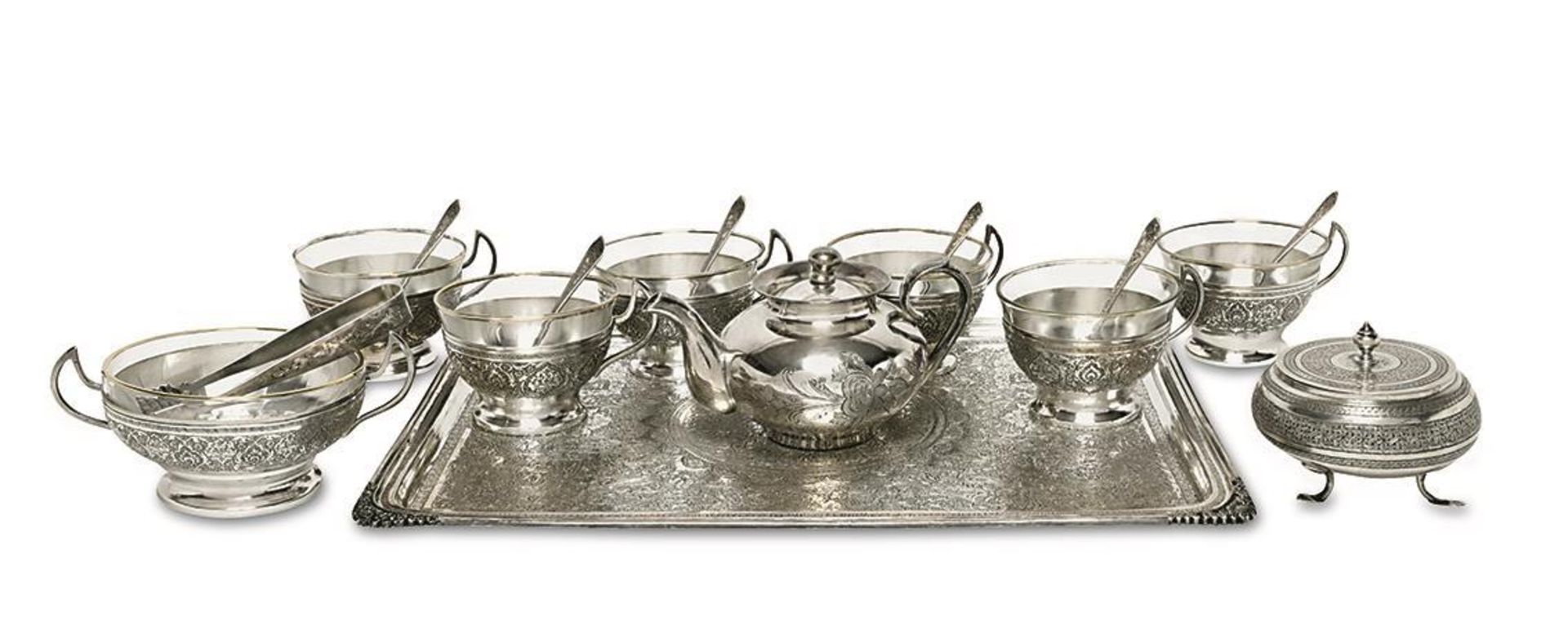 Teeservice für sechs Personen, 17tlg.. Iran, 20. Jh. | Silber, farbloses Glas.
