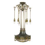 Deckenlampe. Um 1900 (?) | Messing, Glas.