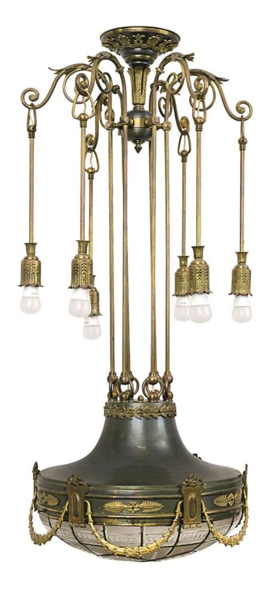 Deckenlampe. Um 1900 (?) | Messing, Glas.