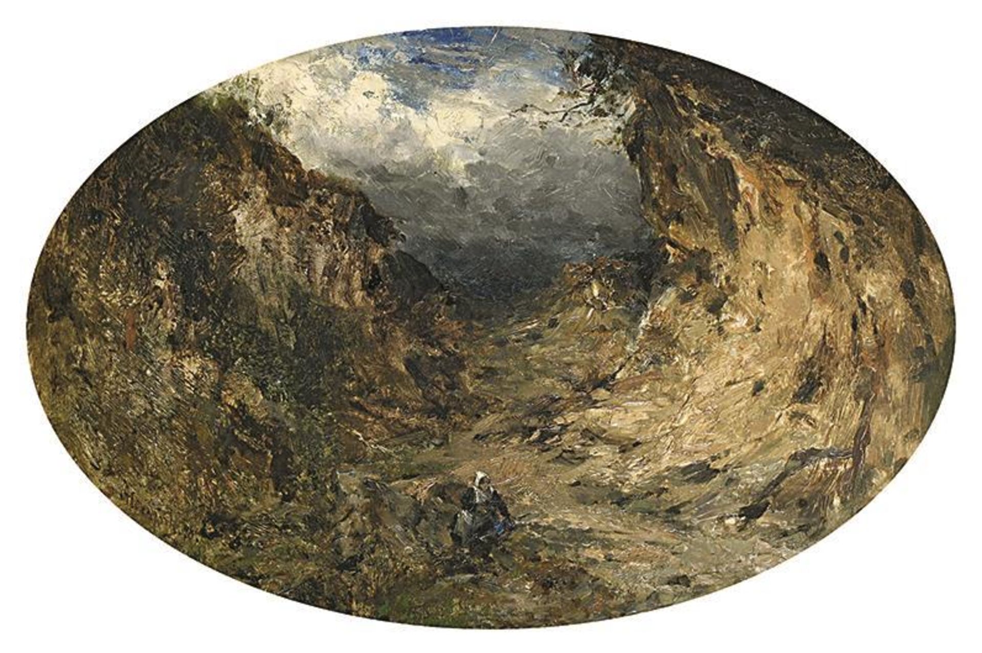 HEINISCH, KARL ADAM. Landschaft mit Bäuerin. Öl/Karton.