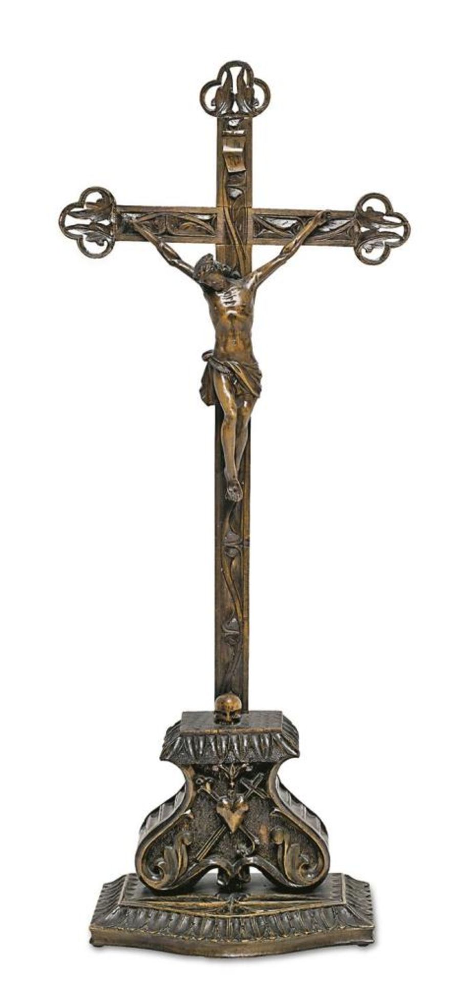 Standkruzifix. Süddeutsch, 19. Jh. | Holz, geschnitzt, dunkel gebeizt.