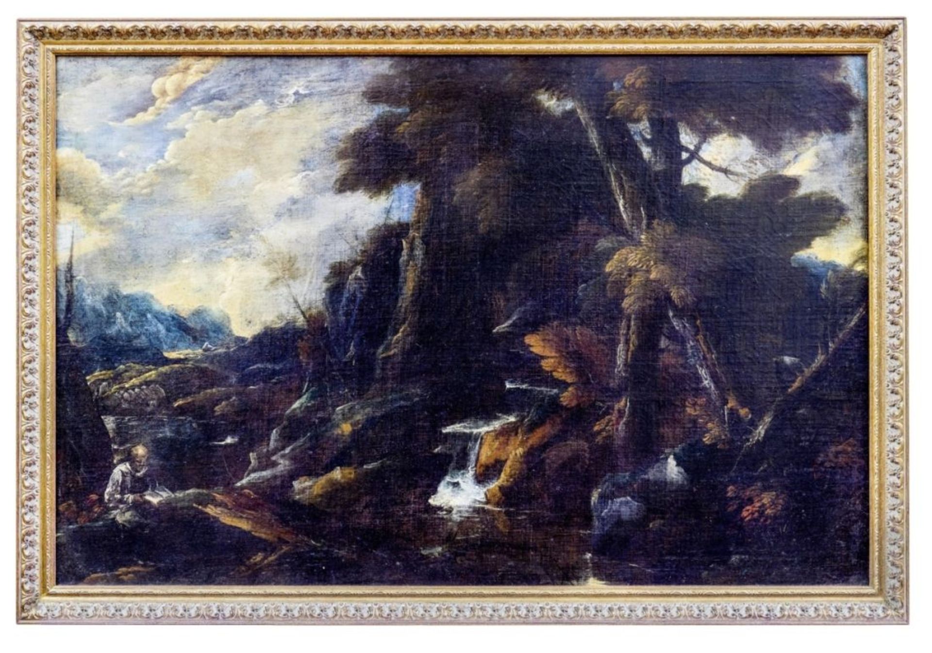 Der Einsiedler Antonius in einer Landschaft mit Wasserfall und See, Römischer Meister des 17. Jahrhu
