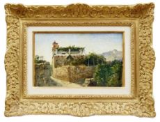 Von Weinlaub umranktes Natursteinhaus in südlicher Landschaft, Französischer Impressionist des späte