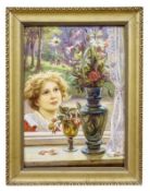 Doubek, Frantisek Bohumil: Mädchen beim Betrachten einer Blumenvase auf einer Fensterbank