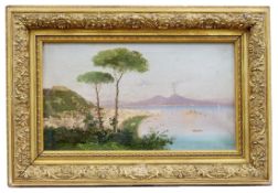 Blick auf den Golf von Neapel mit dem rauchenden Vesuv, Italienischer Maler des 19. Jh.