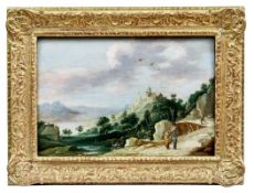 Teniers, David d.J.: Felsige Flusslandschaft mit Burg und Wanderern
