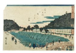 Utagawa (Ando) Hiroshige: Akabane-Brücke und Suiten-Schrein (Akabane Suitengû)