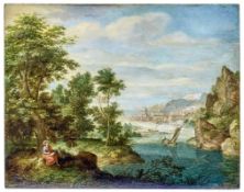 Flusslandschaft mit dem Evangelisten Johannes, Flämischer Meister, 1. Hälfte des 17. Jahrhunderts