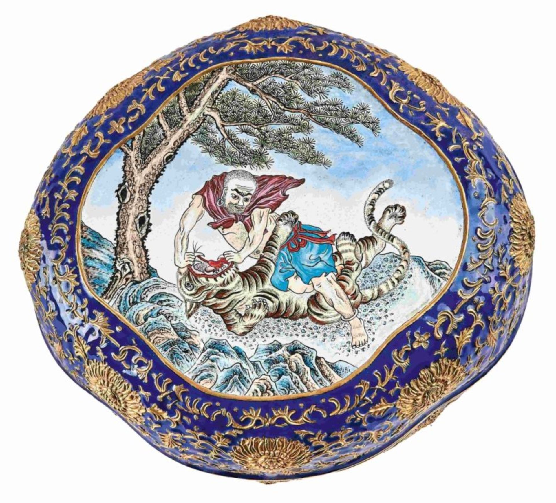 Große Cloisonné-Dose mit Tigerkampf, China, Qing-Dynastie, 18. /19. Jh.