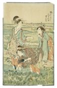 Drei Frauen bei der Arbeit im Reisfeld, Japan, fr. 19. Jh.