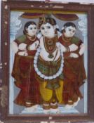 Hinterglasbild mit Krishna und zwei Begleiterinnen, Indien, wohl 19. Jh.