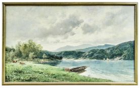 Kaufmann, Adolf: Große Sommerlandschaft mit Booten auf einem See und weidenden Kühen am Ufer