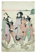 Utagawa Toyokuni (Toyokuni I.), Szene am Strand mit Fuji im Hintergrund