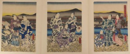 Utagawa Kunisada (Toyokuni III.): Triptychon: Schauspieler genießen die Abendkühle am Ufer des Kamo-