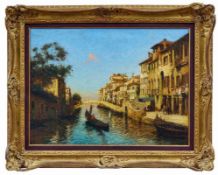 Duprat, Albert Ferdinand: Venezianischer Kanal mit Gondel im abendlichen Sonnenlicht