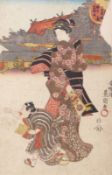 Utagawa Kunisada (Toyokuni III.): Geisha und Kind mit Drachenschnur