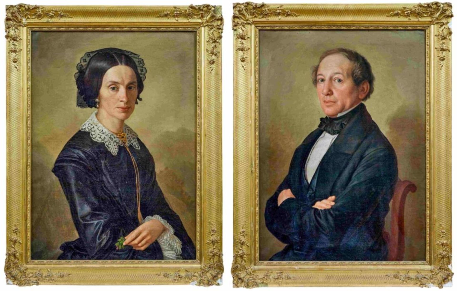Bildnispendants des Ehepaares Prandtner aus Traunstein, Portraitmaler des 19. Jahrhunderts - Bild 2 aus 6