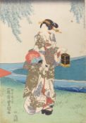 Utagawa Toyokuni II., Geisha mit Laterne am Flussufer