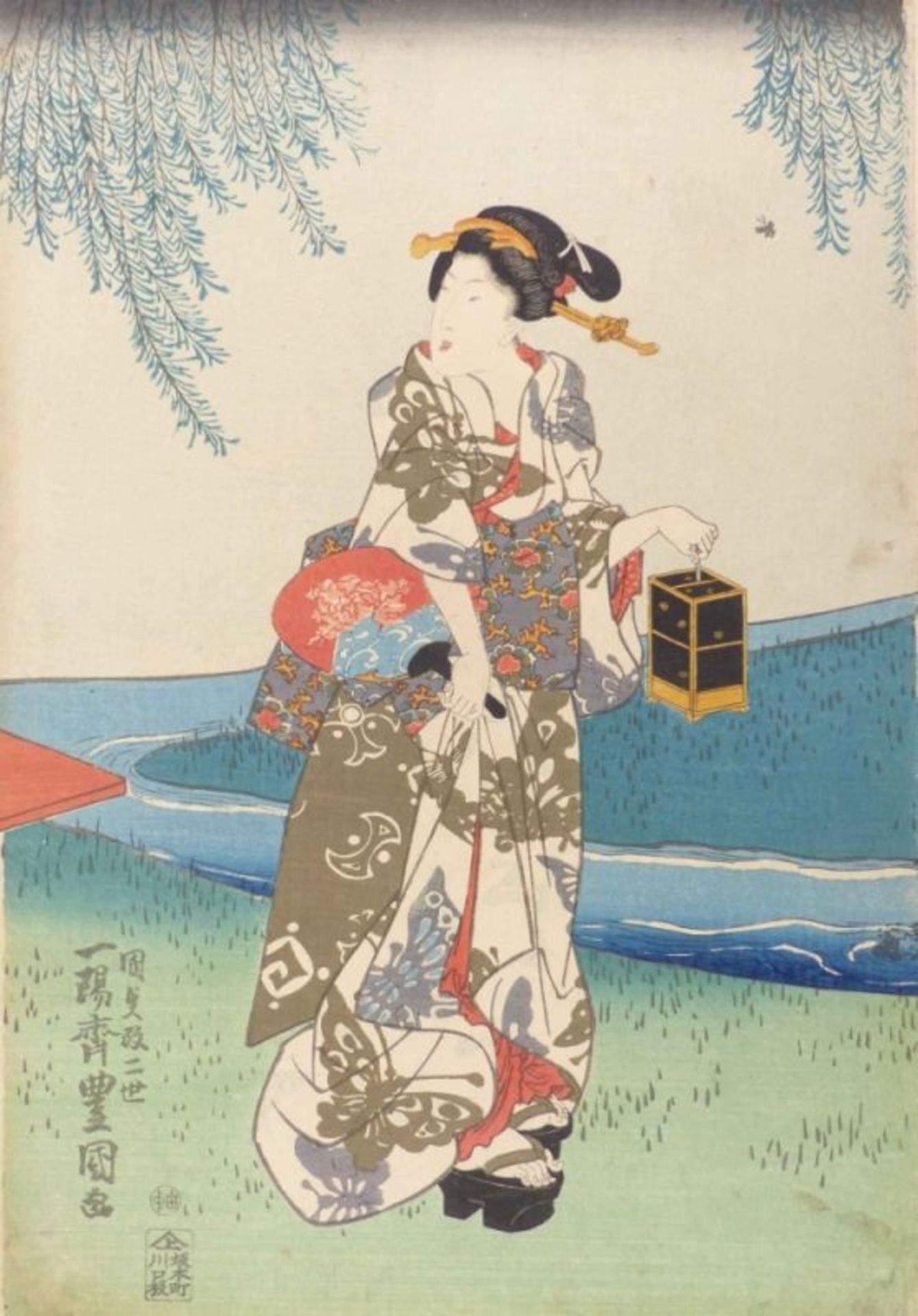 Utagawa Toyokuni II., Geisha mit Laterne am Flussufer