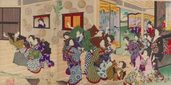 Hashimoto Chikanobu, Triptychon mit humoristischer Interieurszene