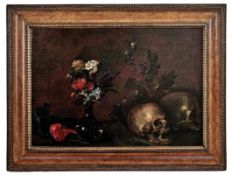 Vanitas-Stillleben mit Totenschädeln und Blumen, Italien, 17. Jahrhundert