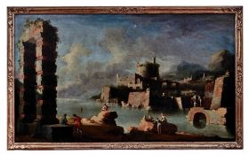 Coccorante, Leonardo (Attrib.): Capriccio aus Ruinen und südlichem Hafen mit Anglern