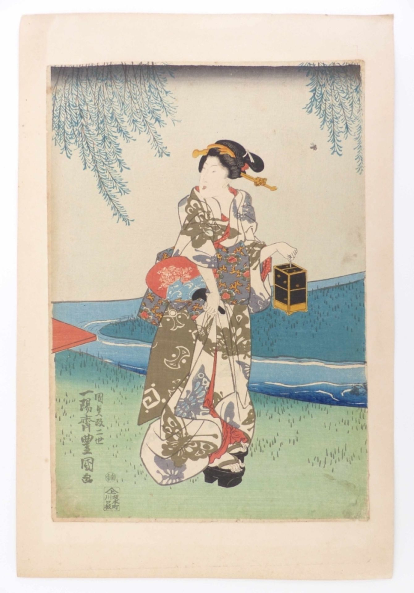 Utagawa Toyokuni II., Geisha mit Laterne am Flussufer - Image 2 of 4