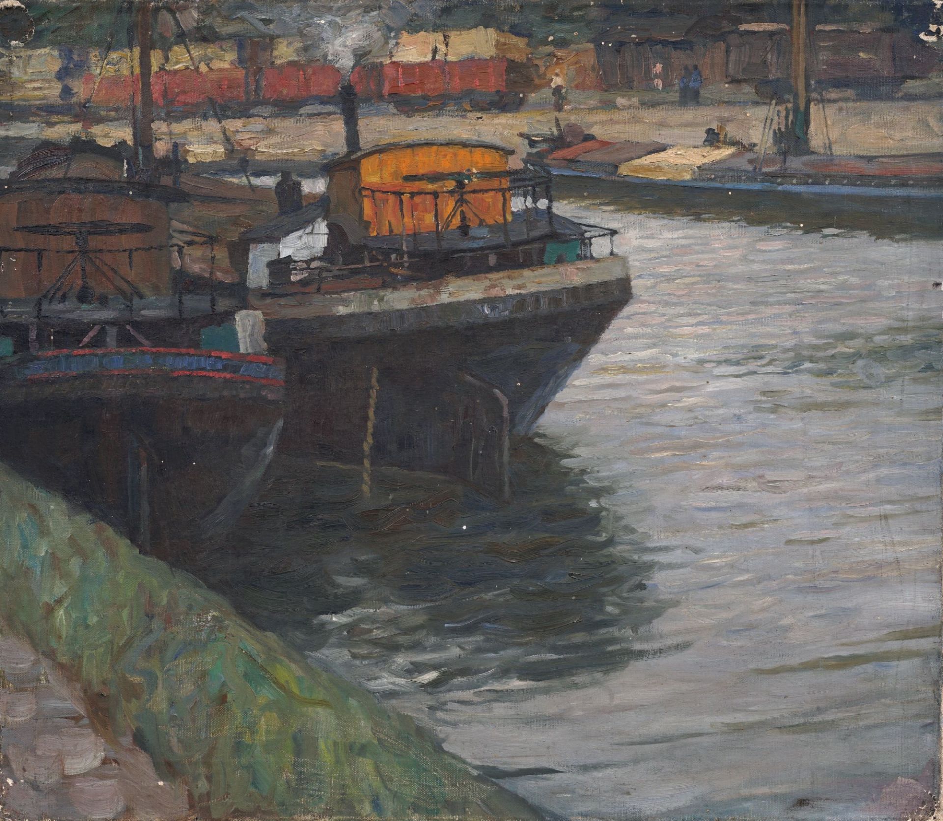 Elisabeth Andrae (zugeschr.), Lastkähne im Winterhafen, Dresden Pieschen. Um 1925– 1930.